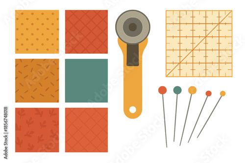 Sewing and quilting supplies laid out on a table