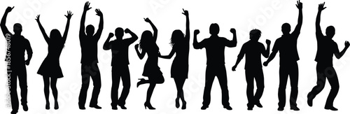 Group of diverse dancing silhouettes in joyful poses, celebrating unity, movement, happiness, freedom, energy, and expressive body language on white background