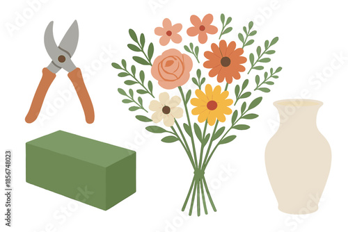 Flower arranging still life with clippers, floral foam, bouquet, and vase