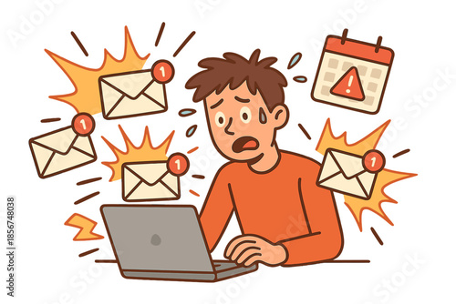 Overwhelmed person with many email notifications and calendar alerts