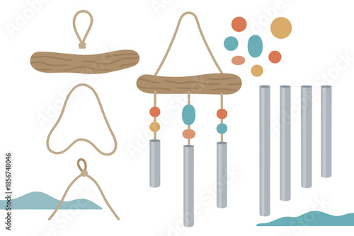 Zen wind chimes with glowing orbs and a natural wood base