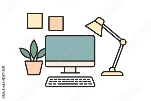 Minimalist desk setup with computer, plant, and lamp