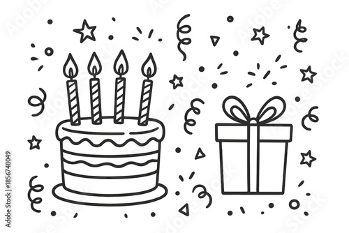 Birthday Cake and Gift Iconography on Dark Background
