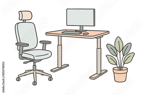 Ergonomic office setup with desk, chair, and plant