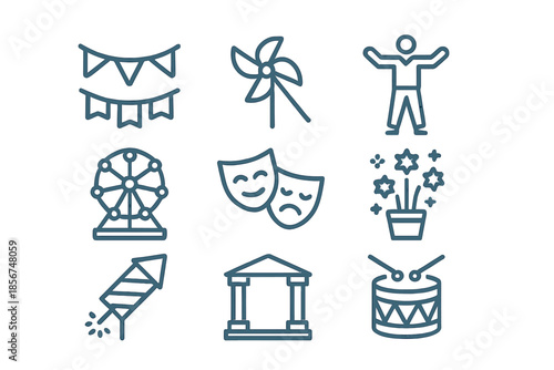 Set of nine outlined icons for celebration and entertainment on a dark background