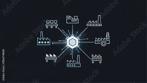 Industrial Processes and Technology Icons Centralized Around a Glowing Hexagon on a Dark Background