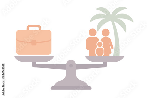 Work-life balance scales showing briefcase and family with palm tree