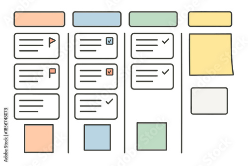 Kanban board with sticky notes and task cards
