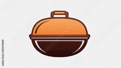 An orange and brown casserole dish with a lid on a white background viewed from the front