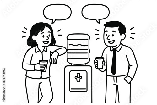 Colleagues chatting by the office water cooler