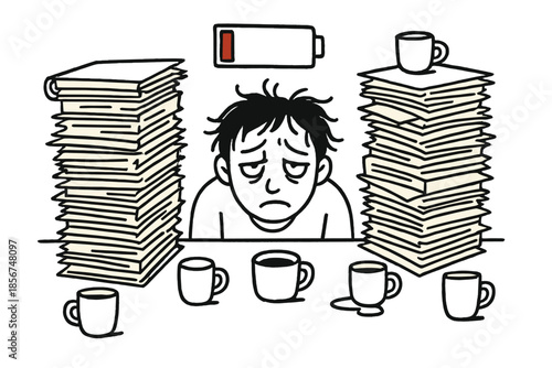 Overwhelmed person with stacks of paper and low battery