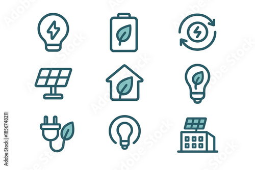Collection of eco-friendly energy icons with glowing blue outline