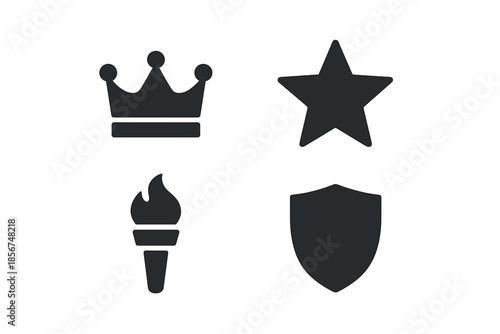 Set of four dark icons: crown, star, torch, and shield