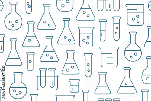 Seamless pattern of laboratory glassware outlines on a muted blue background