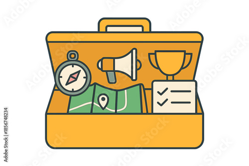 Open Yellow Briefcase with Business Icons