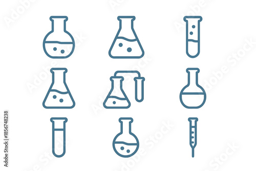 Blue glowing science laboratory equipment icons on a dark background