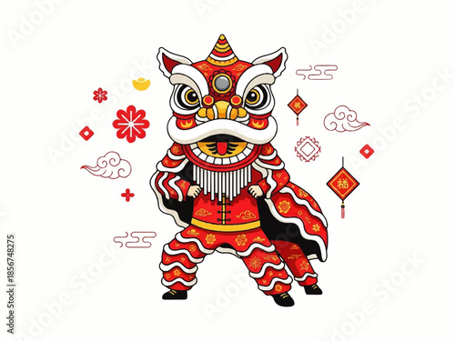 A vibrant Flat Design Ilustration Vector of a lion dancer in traditional red and gold costume with decorative elements.