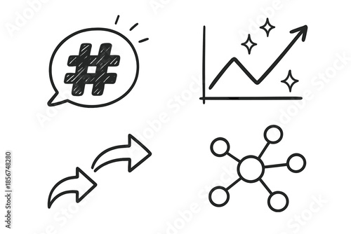 Four concept icons with a dark background, including a hashtag, graph, share arrow, and network connection.