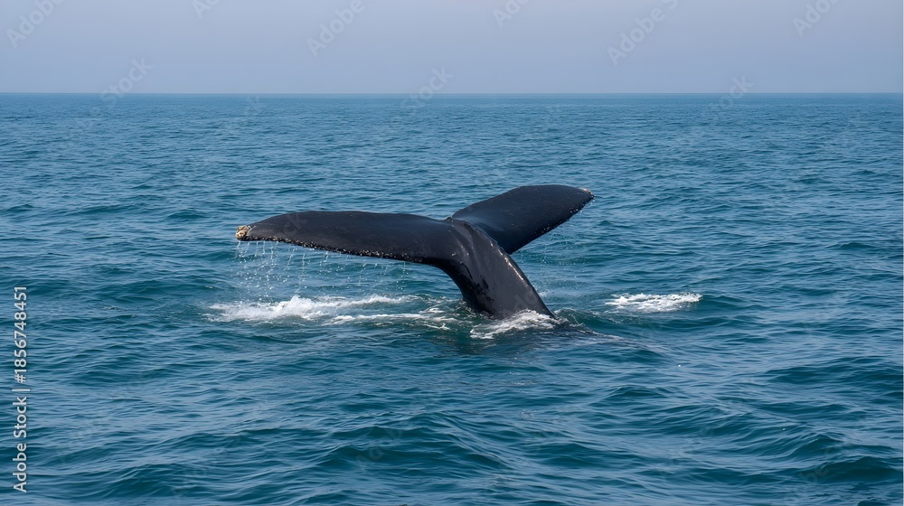 Obraz premium Majestic humpback whale tail fluke dramatically descends into the deep blue ocean waters creating a tranquil yet powerful scene