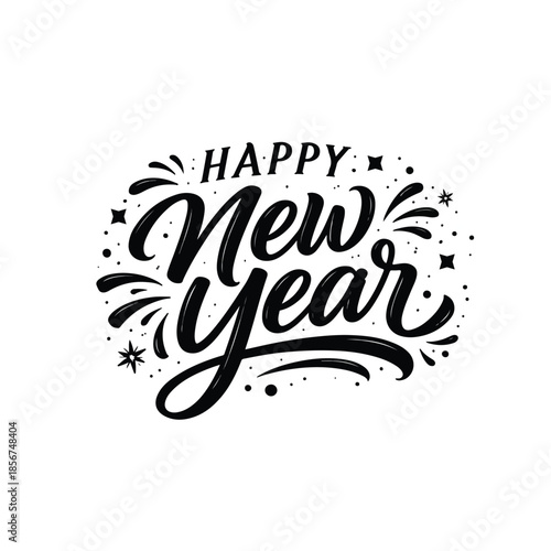 Bold Black Modern Brush Script Handwritten Happy New Year Text Banner Vector