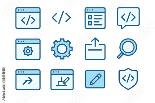 Set of 12 blue coding and web development icons on a dark background
