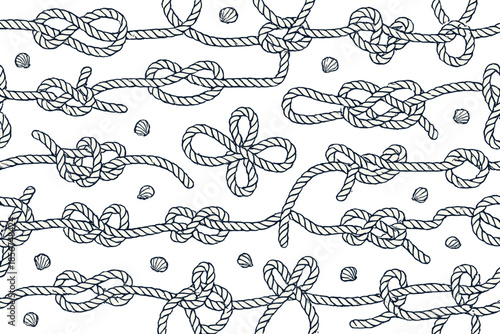 Nautical Rope Knots and Seashells Pattern on Gold Background