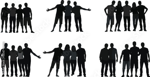 Group of diverse people silhouettes standing together, showing unity, friendship, teamwork, social bonding, community support, collaboration, and inclusive interaction in modern 