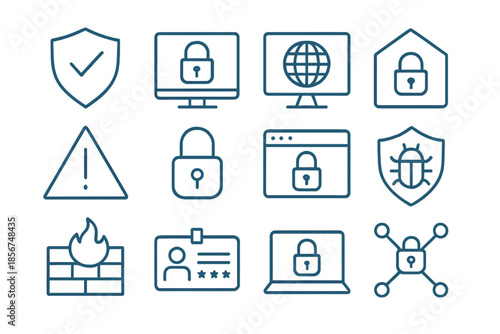 Cybersecurity icons collection in blue outline style