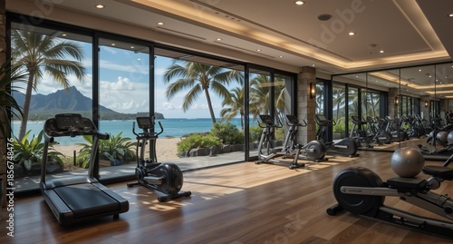 luxurious hotel gym with ocean view and cardio equipment for wellness and fitness tourism.