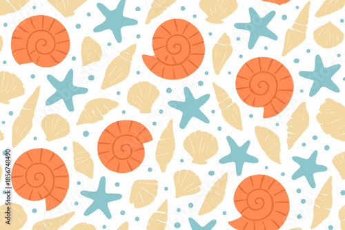 Cute Seashells and Starfish Pattern on Sandy Background