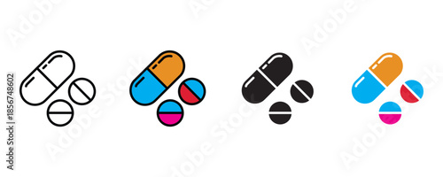 Pills and capsules icon set vector on white background. healthcare, pharmacy, medical, drugs, treatment symbol. vector illustration.