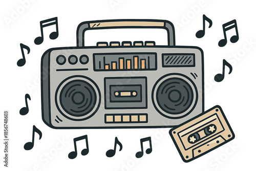 Retro Boombox with Cassette Tape and Music Notes