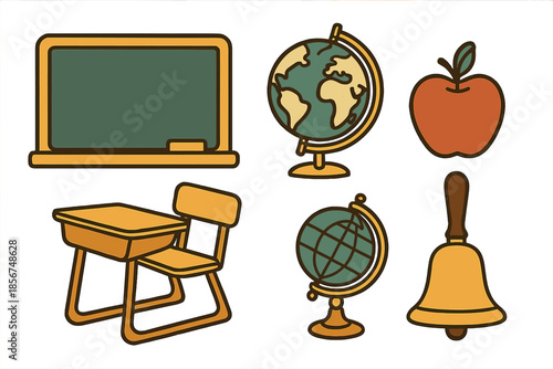 School Icons Set on Golden Background