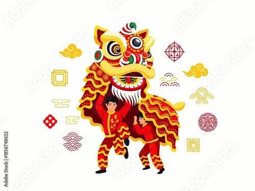 A vibrant Flat Design illustration of a lion dancer in a traditional red and gold costume, surrounded by decorative symbols and patterns, set against a clean white background with a festive
