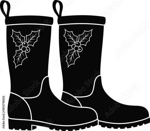 Black winter rain boots silhouette with holly leaf decoration for Christmas holiday weather footwear rubber wellington design isolated on white background vector illustration