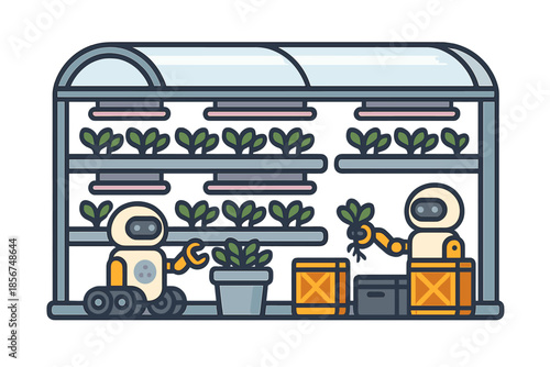 Robots tending to plants in a futuristic greenhouse
