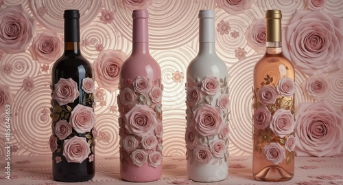 elegant wine bottles adorned with delicate pink roses against a floral background, perfect for romantic occasions and product displays.