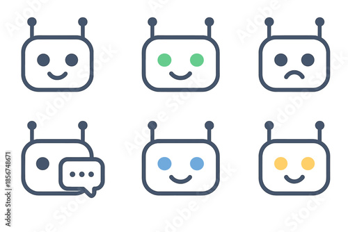 Set of stylized robot head icons representing different emotions and states