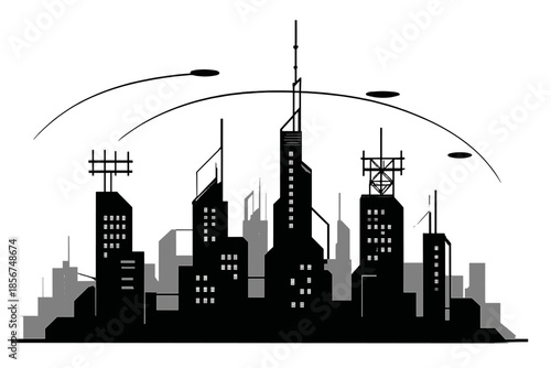 Futuristic Cityscape Silhouette with Arched Lights