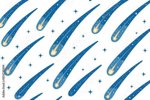 Seamless pattern of shooting stars in a starry night sky