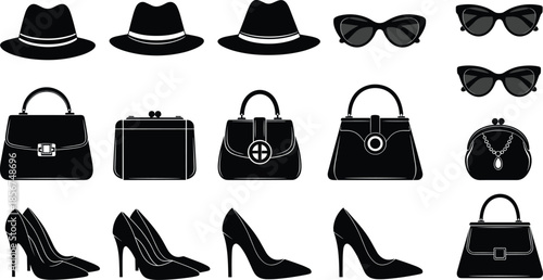 Collection of black vintage fashion accessory silhouettes including elegant ladies hats, stylish handbags, classic high heel shoes, and retro cat eye sunglasses,