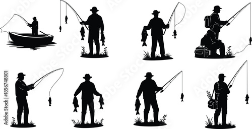 Fishing silhouette collection, fisherman with rod catching fish in boat and standing, outdoor hobby vector illustration set, nature leisure activity icons on white,