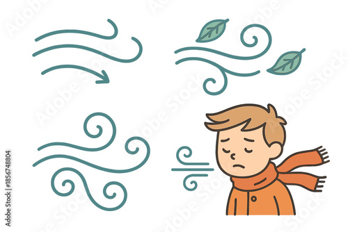 Cartoon boy in scarf feeling the wind