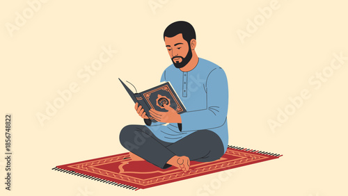 Man Reading Quran on Prayer Mat - Islamic Devotion and Faith