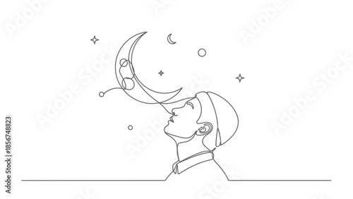 Man's face looking up at crescent moon and stars, one line art drawing