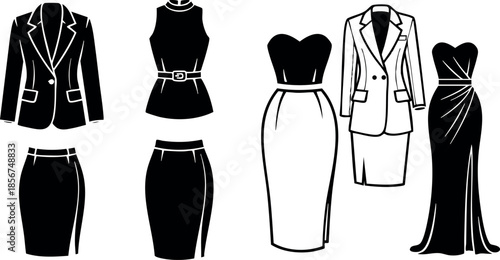 Business and evening dresses vector collection with jackets and skirts for professional and formal occasions