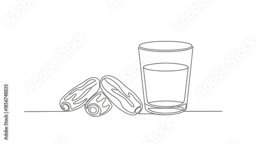 Minimalist Line Art of Dates and a Glass of Milk on a White Background