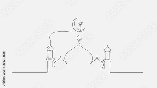 Minimalist Mosque Dome and Minaret with Crescent Moon and Star - Continuous Line Art