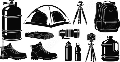 Hiking and camping adventure equipment set, outdoor travel gear collection with tent, backpack, camera tripod, boots, water bottles, and professional photography tools,