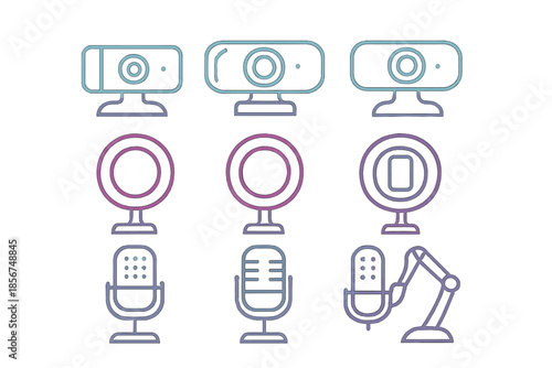 Neon outline icons of webcams, ring lights, and microphones